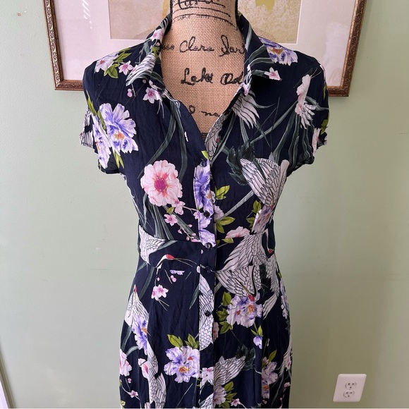 NWOT Zara Oriental Crane Floral Print Button-down Maxi Dress | Size Small - Picture 7 of 7
